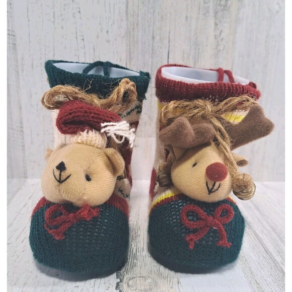 2 Knitted Christmas Boots Candy Cane Holders Stockings Plastic Inserts Deer Bear - Picture 3 of 10